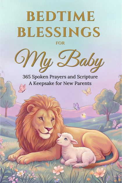 Bedtime Blessings for My Baby book cover . a lion and lamb resting together in a pastel meadow